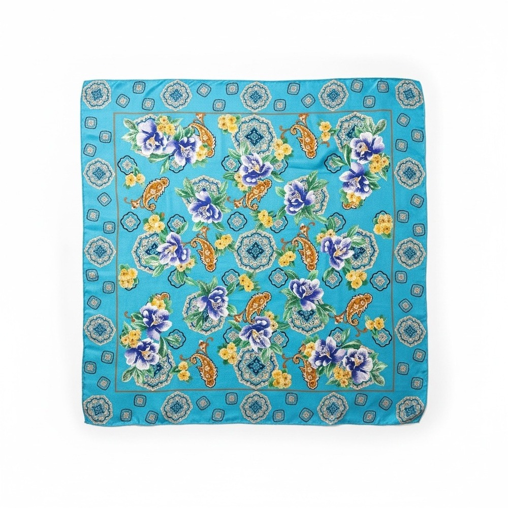 Adrienne Vittadini Silk Scarf Turquoise Blue Floral Paisley Square Made in Japan